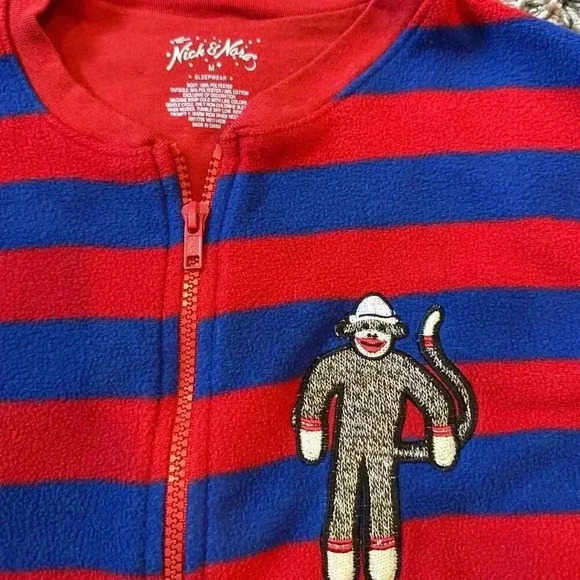Nick & Nora Blue Red Stripe One Piece Sock Monkey Footie Pajamas Size Medium - Picture 5 of 7